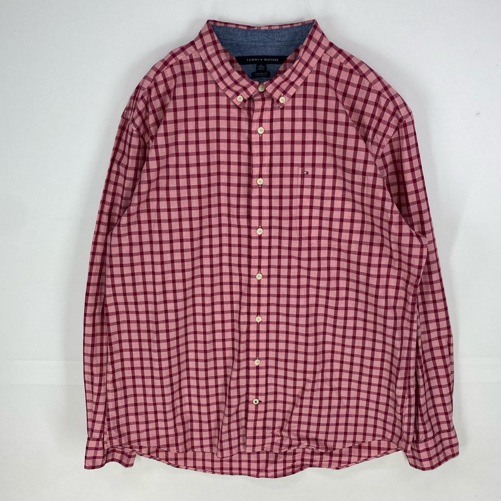古着 トミーヒルフィガー TOMMY HILFIGER 長袖シャツ ワンポイント ロングスリーブ ボタンダウン 2XL レッド系 チェック メンズ