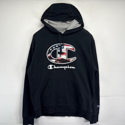 古着 チャンピオン Champion パーカー プルオーバー フーディー ビックプリントロゴデザイン スポーツ L ブラック メンズ
