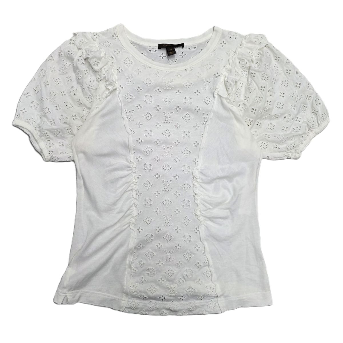 LOUIS VUITTON ルイ・ヴィトン パンチング モノグラム レース切り替え  パフスリーブ フリルシャツ 半袖Tシャツ S コットン ホワイト  レディース【中古】