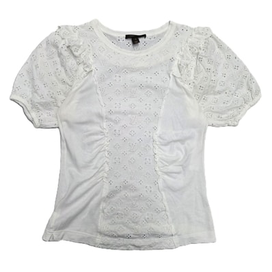 LOUIS VUITTON ルイ・ヴィトン パンチング モノグラム レース切り替え パフスリーブ フリルシャツ 半袖Tシャツ S コットン ホワイト レディース【中古】