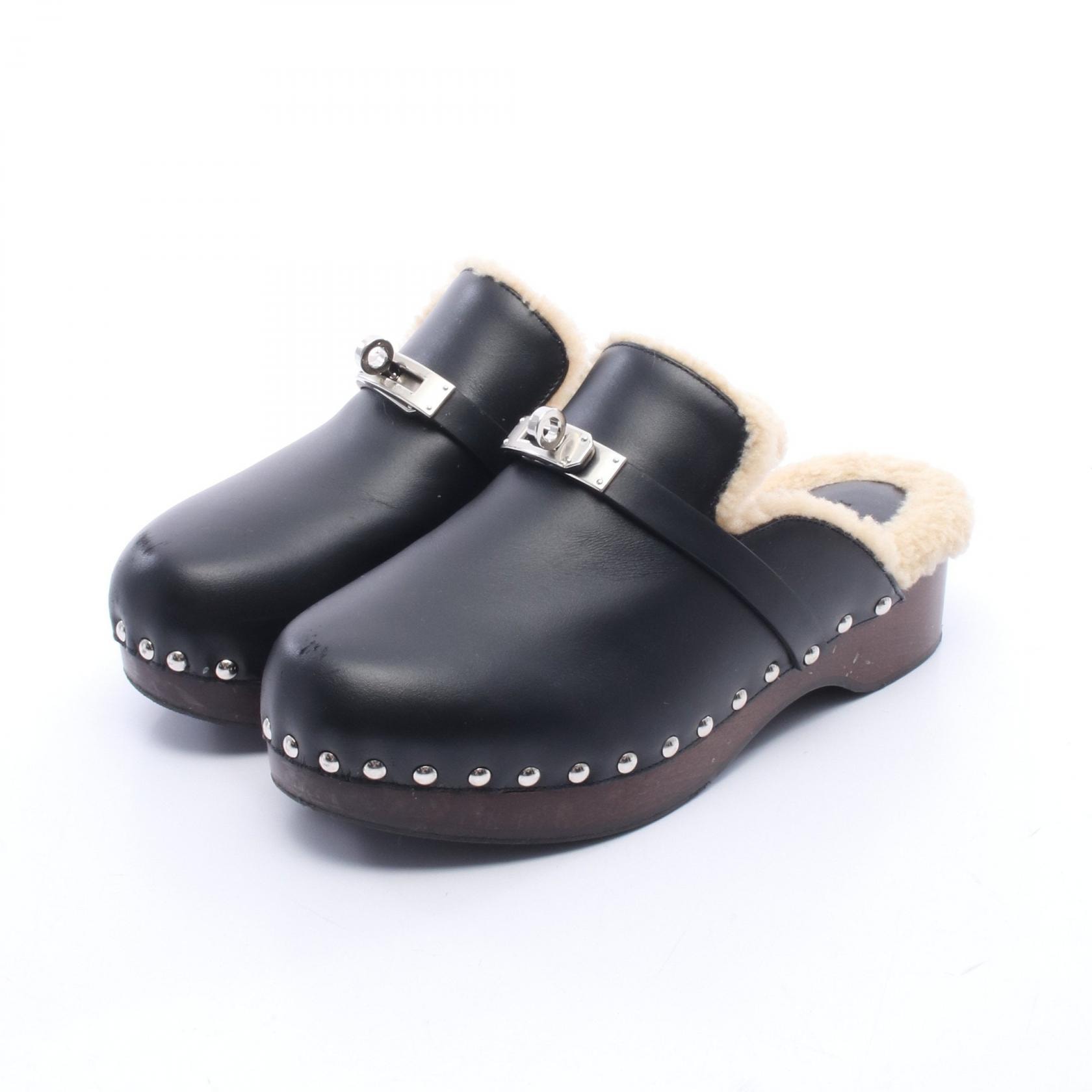 エルメス HERMES カルロッタ ケリーバックル サボ サンダル 靴 レザー ムートン レディース ブラック系 【中古】