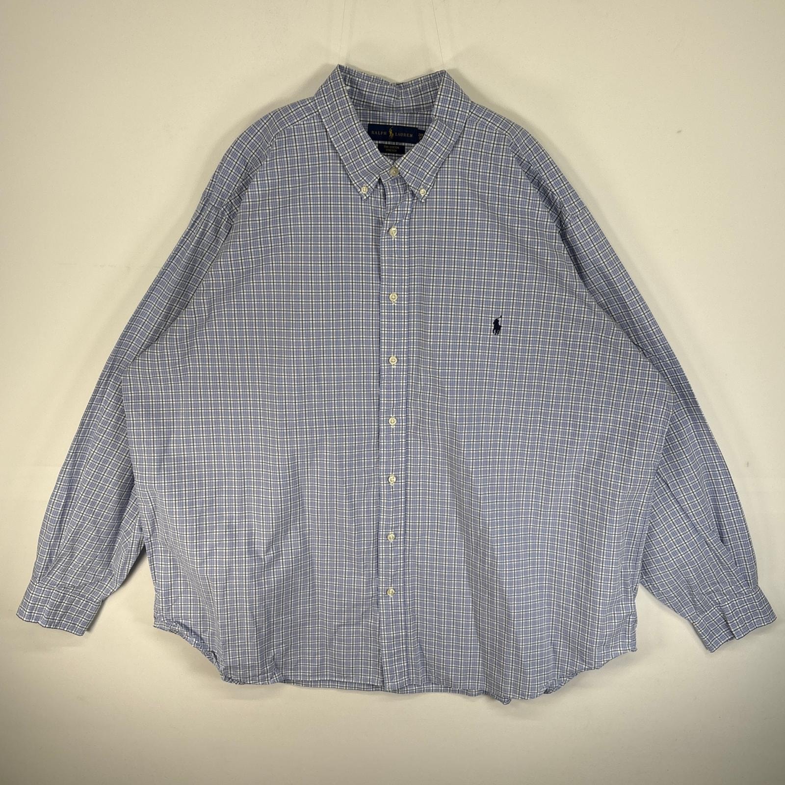 古着 ラルフローレン RALPH LAUREN 長袖シャツ ロゴ 刺繍 チェック ボタンダウン 大きいサイズ 薄手 2XL  水色系 マルチカラー メンズ