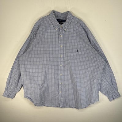 古着 ラルフローレン RALPH LAUREN 長袖シャツ ロゴ 刺繍 チェック ボタンダウン 大きいサイズ 薄手 2XL 水色系 マルチカラー メンズ