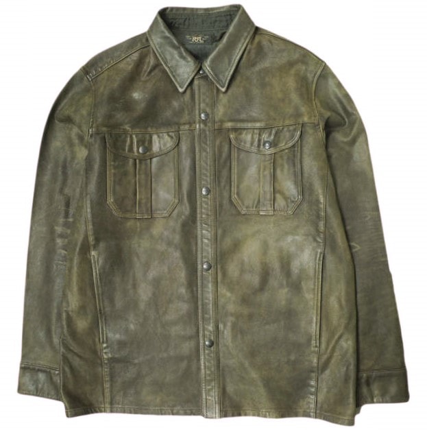 新品 RRL ダブルアールエル 25SS Hand-Distressed Leather Overshirt ハンドディストレストレザーオーバーシャツ MNRRWOV16820343 M Black Over Brown Double RL レザージャケット