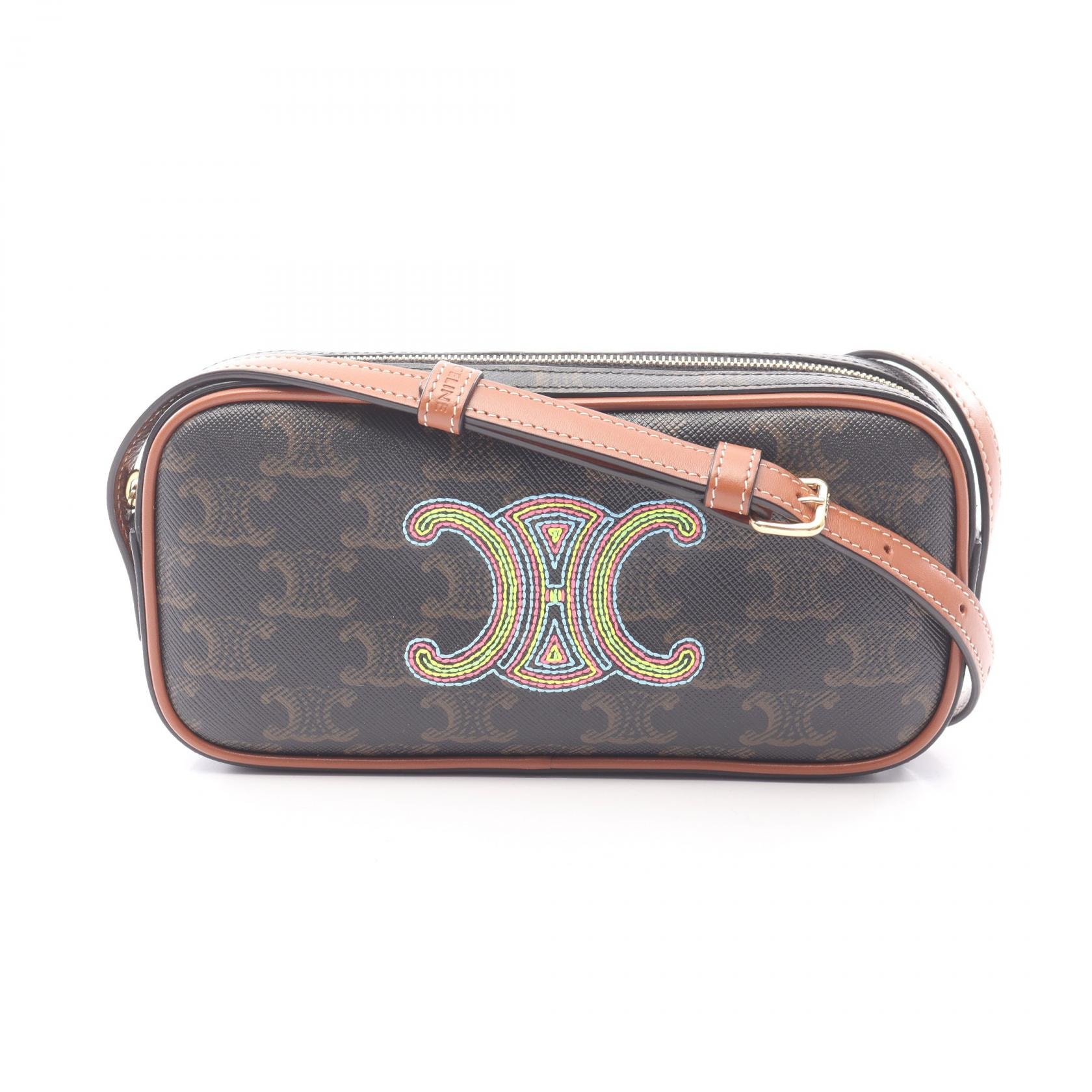 セリーヌ CELINE キュイル トリオンフ ミニ カメラバッグ ショルダーバッグ バッグ PVCコーティングキャンバス レザー レディース ブラック系 / ブラウン系 / マルチカラー 【中古】