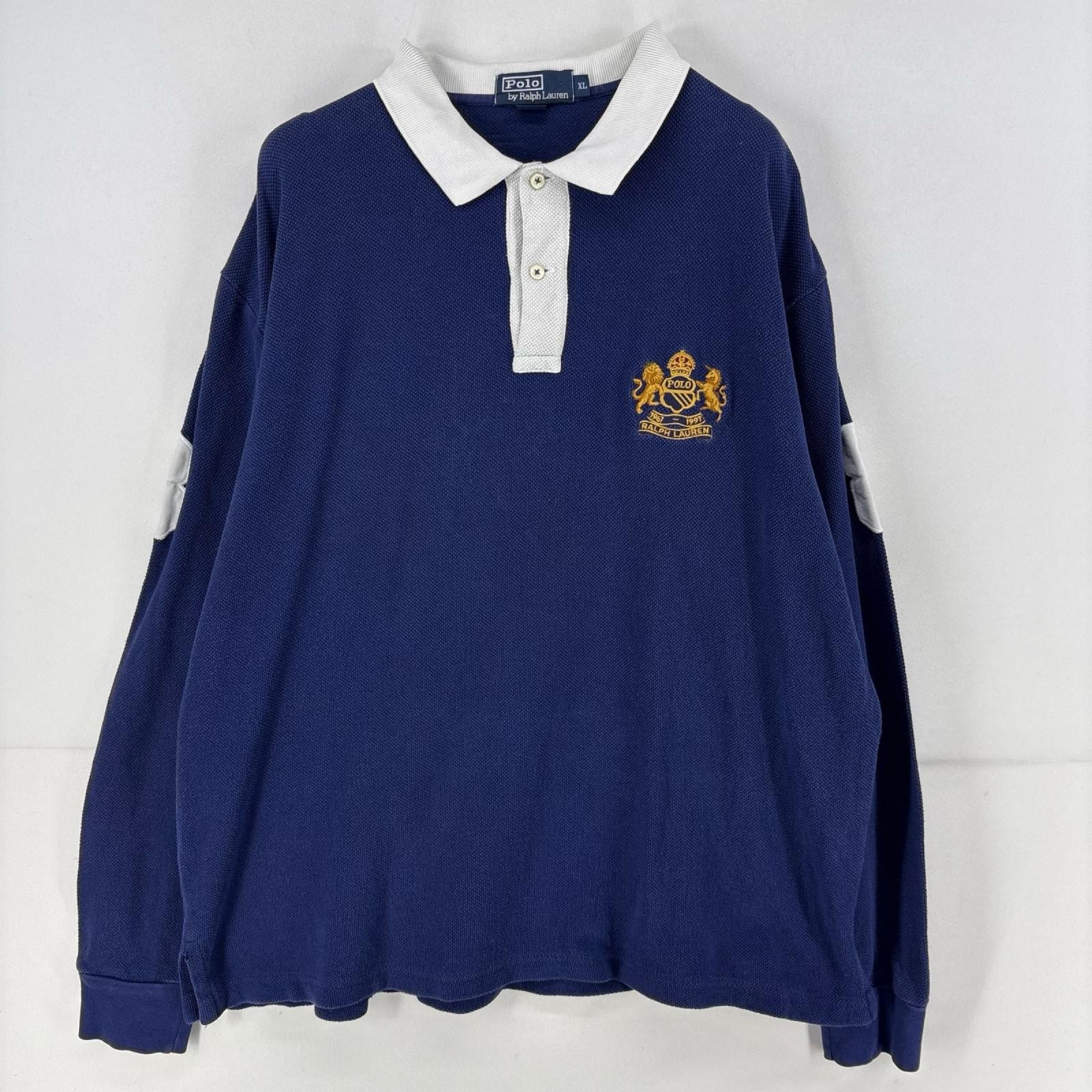 古着 ポロ・ラルフローレン POLO RALPH LAUREN 長袖シャツ ワンポイント ラガーシャツ 大きいサイズ ロゴ 刺繍 XL  ネイビー メンズ