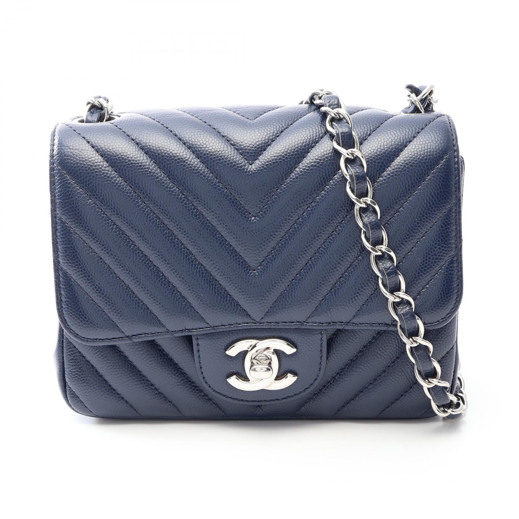 シャネル CHANEL シェブロン Vステッチ ミニ ショルダーバッグ バッグ キャビアスキン(グレインドカーフ) レディース ネイビー系 A35200 【中古】