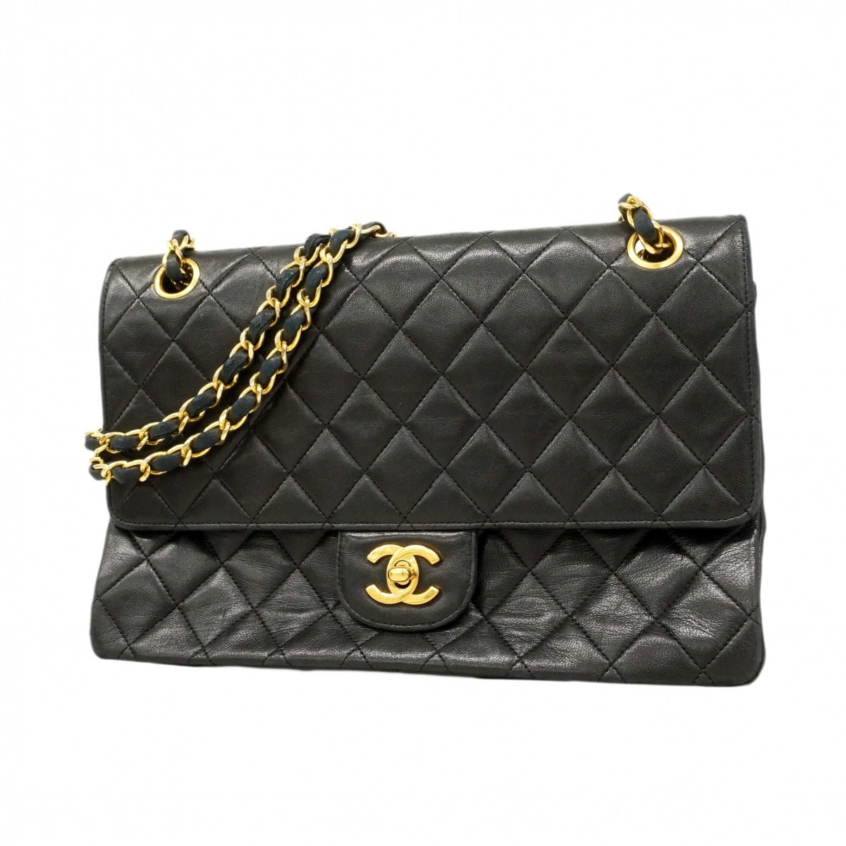 【6dc3644】シャネル ショルダーバッグ マトラッセ Wフラップ Wチェーン ラムスキン ブラック ゴールド金具【中古】レディース