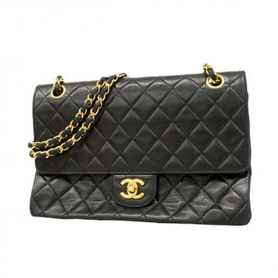 【6dc3644】シャネル ショルダーバッグ マトラッセ Wフラップ Wチェーン ラムスキン ブラック ゴールド金具【中古】レディース