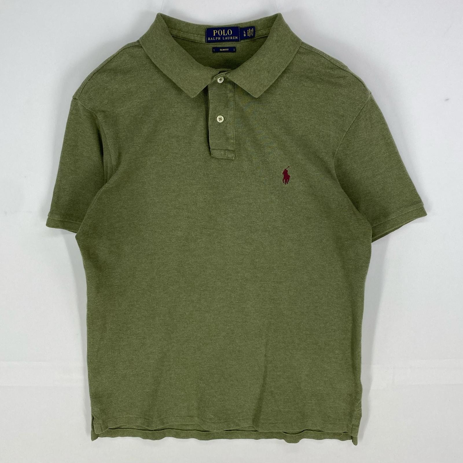 古着 ポロ・ラルフローレン POLO RALPH LAUREN 鹿の子 半袖シャツ ワンポイント 刺繍ロゴ ポロシャツ L カーキ系 メンズ
