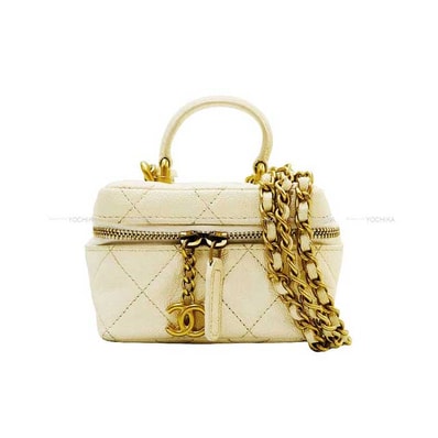 CHANEL シャネル ショルダーバッグ マトラッセ ココマーク チェーン ミニヴァニティ アイボリー グレインドカーフ(キャビアスキン) マットゴールド金具 AP2194 Aランク【中古】