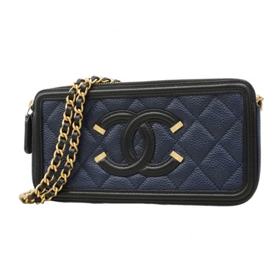 【6dd4474-h】シャネル ショルダーバッグ チェーンショルダー CCフィリグリー キャビアスキン ネイビー ブラック シャンパンゴールド金具【中古】レディース