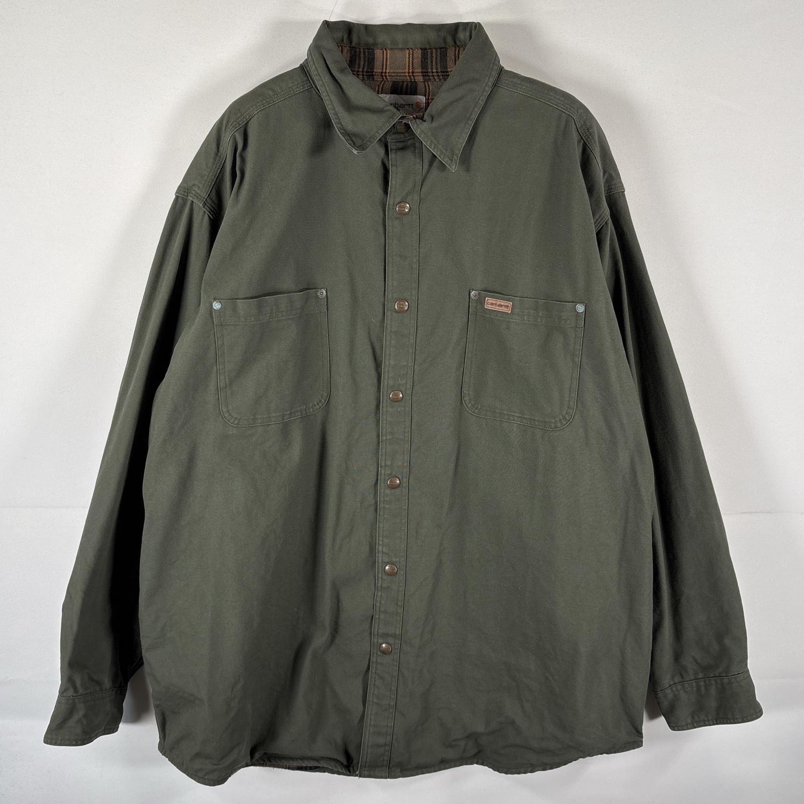 古着 カーハート Carhartt ダック シャツジャケット ワンポイントロゴ 大きいサイズ スナップボタン 2XL  グリーン系 メンズ