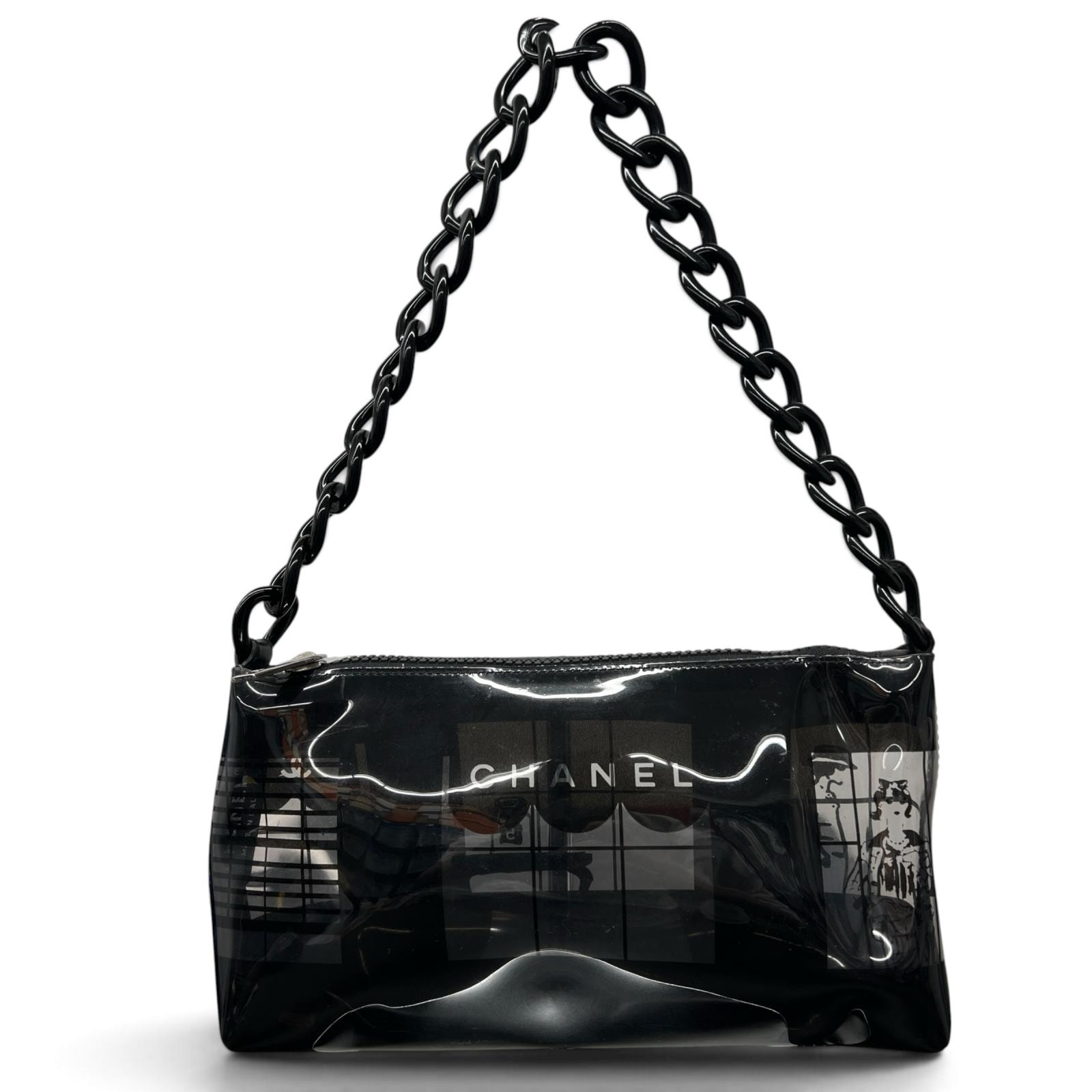 CHANEL 希少 シャネル ウインドウズライン プラスチックチェーン ショルダーバッグ ビニール 8番台シリアル ブラック クリア ハンドバッグ 肩掛け ココマーク Bランク 鑑定済 中古 シャネルバッグ