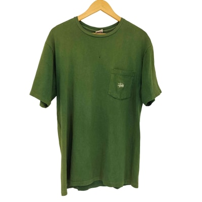 90S前期 白タグ old stussy MADE IN USA 袖シングルステッチ ワンポイント刺繍 S/S ポケット Tシャツ【1143879218653】