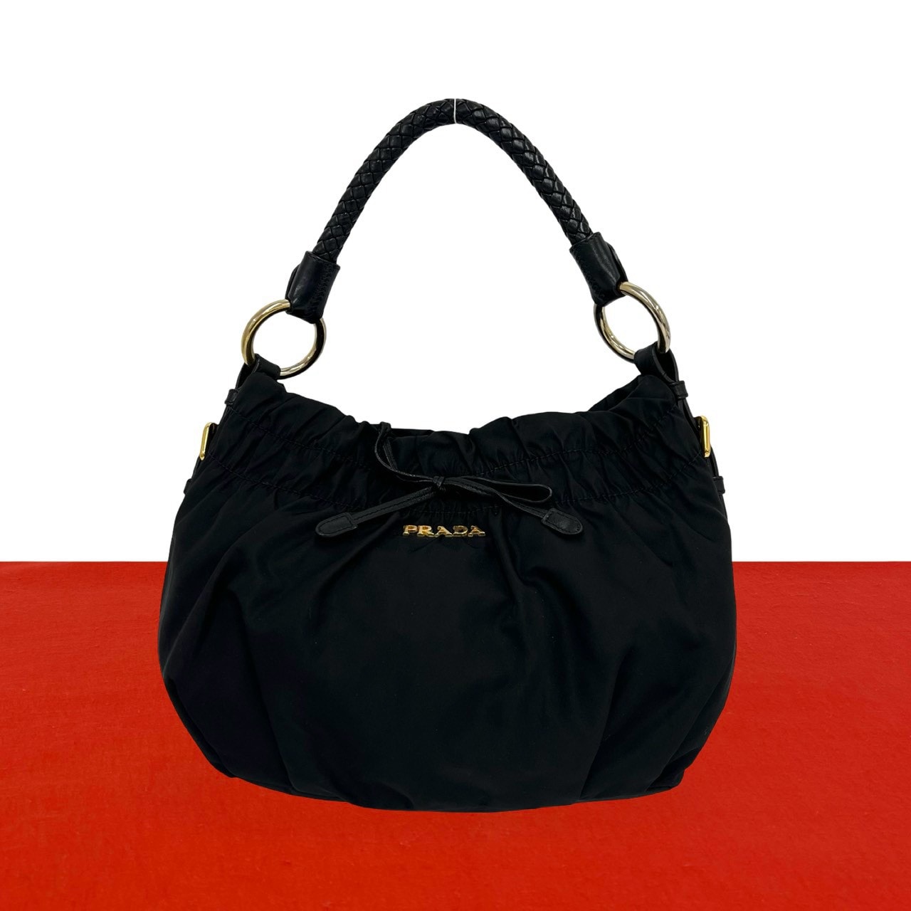PRADA プラダ ロゴ 金具 リボン モチーフ ギャザー ナイロン レザー ショルダーバッグ ブラック
 13848