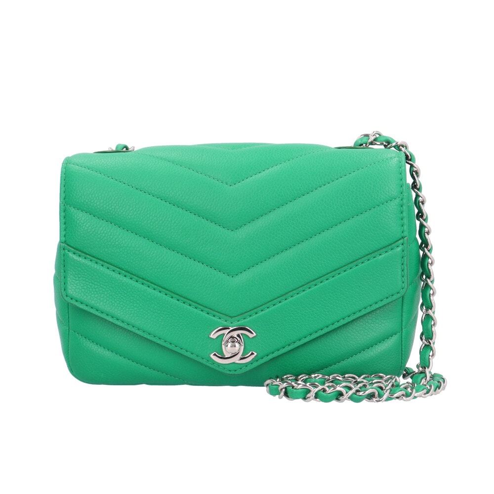 シャネル Vステッチ ショルダーバッグ レザー グリーン レディース CHANEL 中古