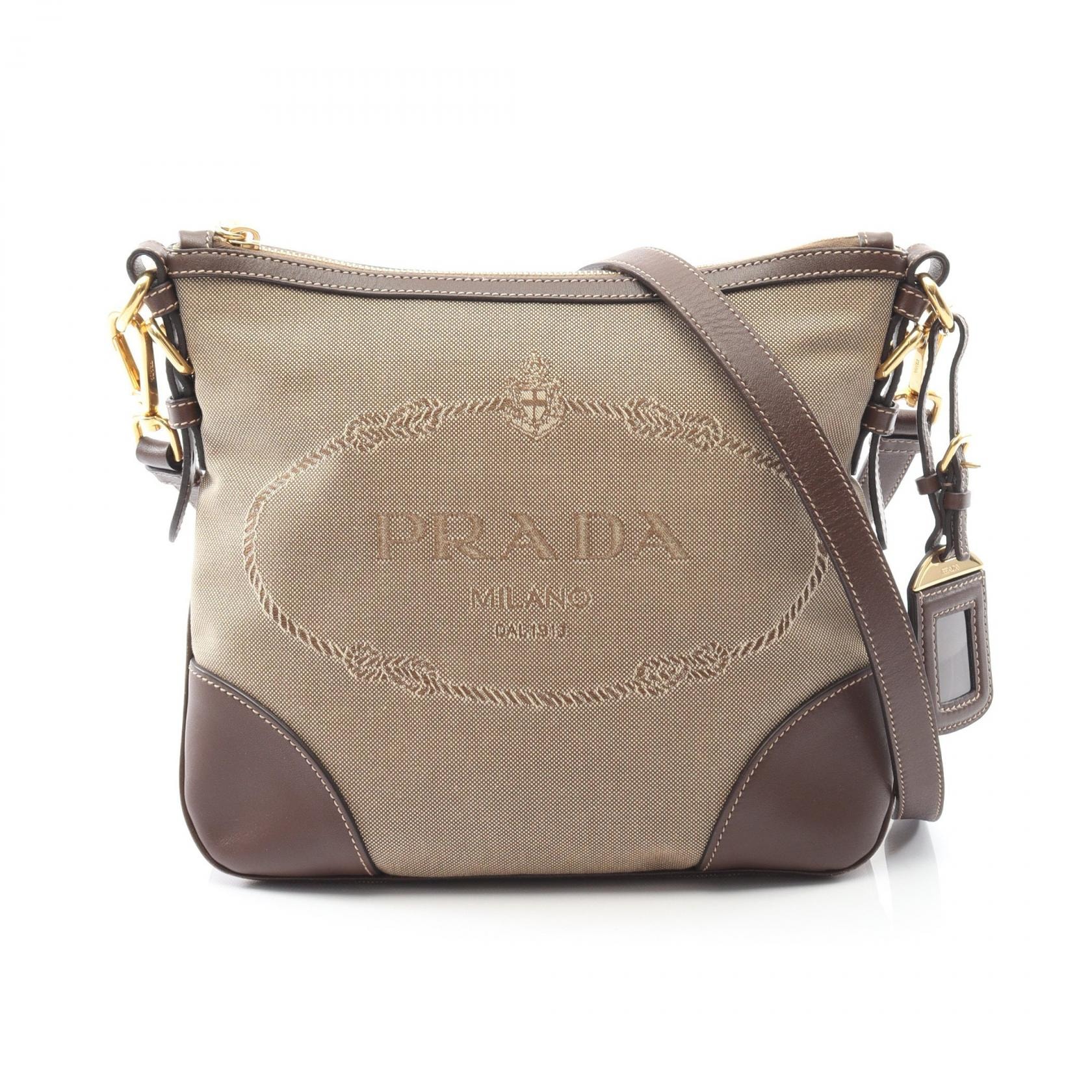 プラダ PRADA LOGO JACQUARD ロゴジャガード ショルダーバッグ バッグ キャンバス レザー レディース ベージュ系 / ブラウン系 【中古】