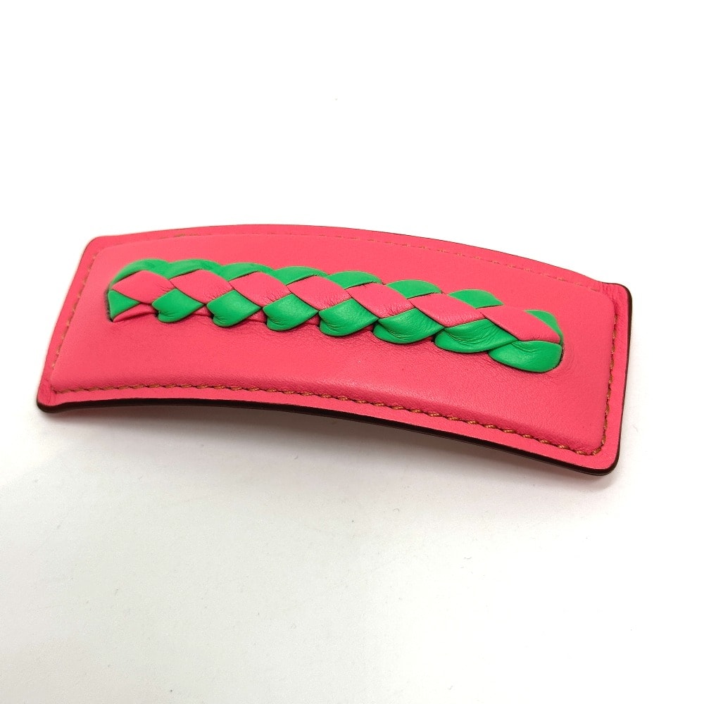 エルメス HERMES グレン 編み込み ヘアアクセサリー バレッタ レザー ピンク 未使用