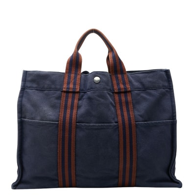エルメス フールトゥMM トートバッグ ハンドバッグ ネイビー ブラウン キャンバス レディース HERMES 【中古】