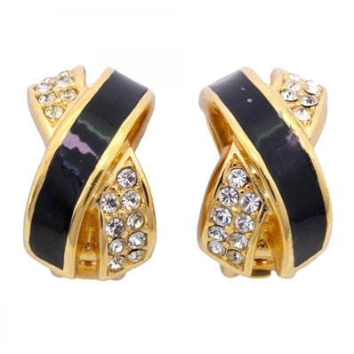 ★SALE【6jcb1011-k】クリスチャンディオール イヤリング クロス GPメッキ ラインストーン ゴールド ブラック【中古】レディース