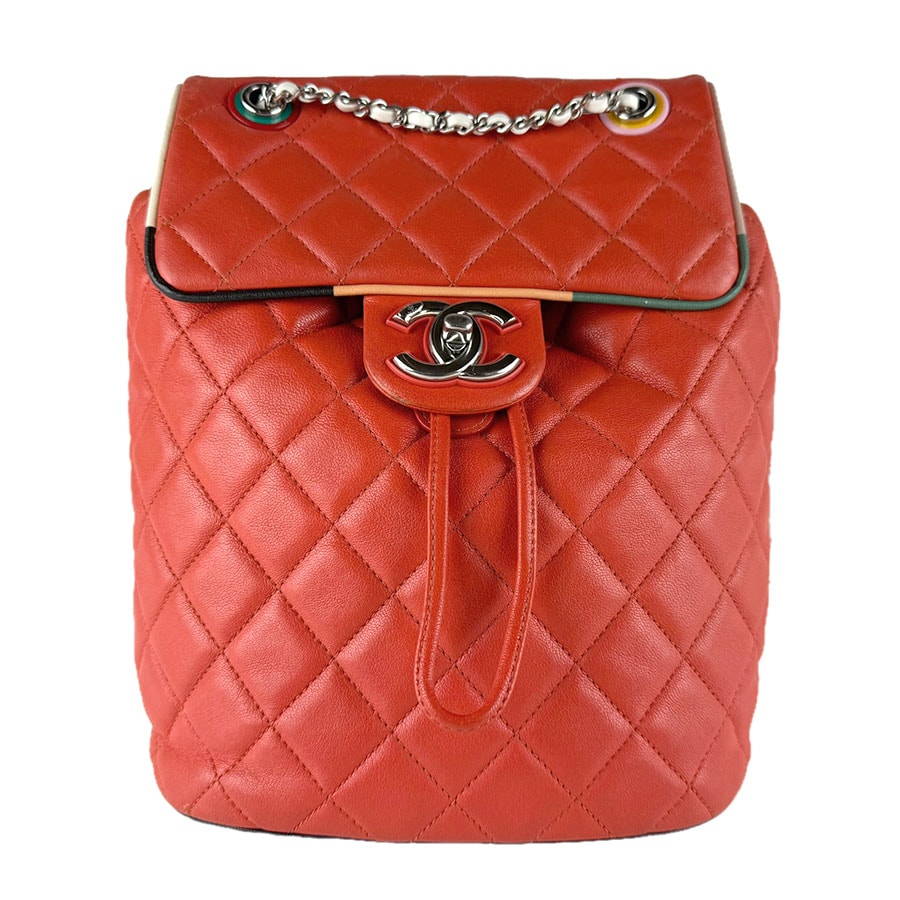 シャネル CHANEL リュック ラムスキン オレンジ/ネイビー/ホワイト/ブラック シルバー レディース【中古】 z9277