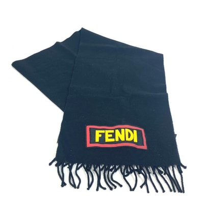 フェンディ FENDI スカーフ FXS124 アパレル ロゴ ワッペン フリンジ マフラー ウール ブラック
