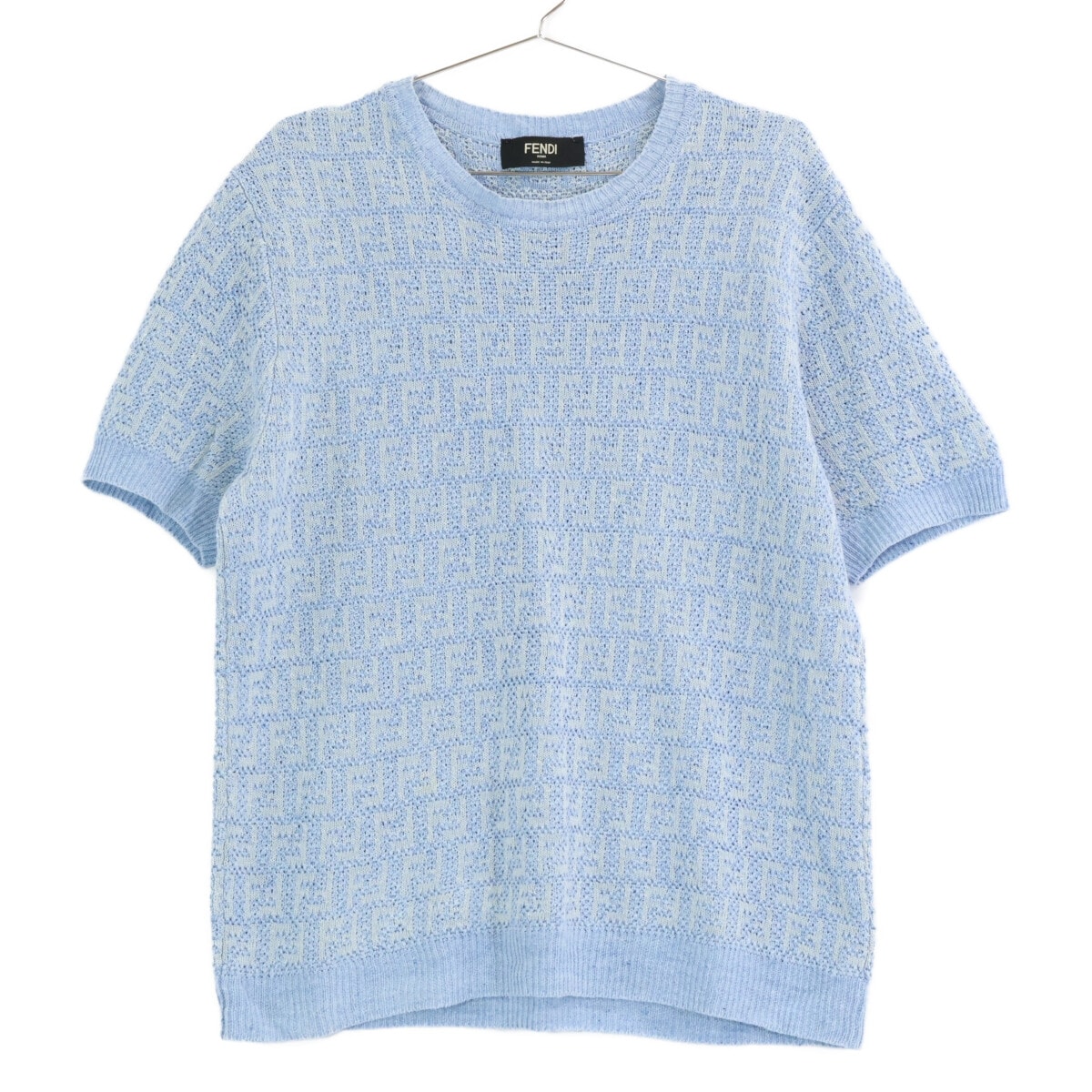 フェンディ 22年製 FZY443 AO5J ライトブルー リネン×コットン×シルク FF総柄 ショートスリーブニットプルオーバー 50
