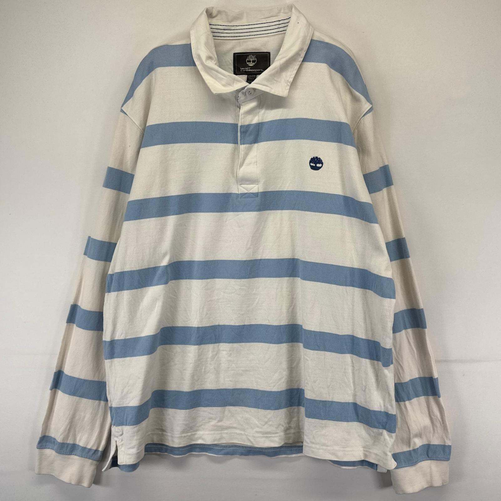 古着 ティンバーランド Timberland 長袖シャツ ワンポイントロゴ刺繍 ラガーシャツ 2XL  ホワイト系 ボーダー メンズ