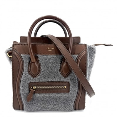 CELINE セリーヌ 2WAY ラゲージナノショッパー ボア ショルダーバッグ 肩掛け 斜め掛け ハンドバッグ レザー ムートン ブラウン 茶 グレー ゴールド金具 レディース【中古品】