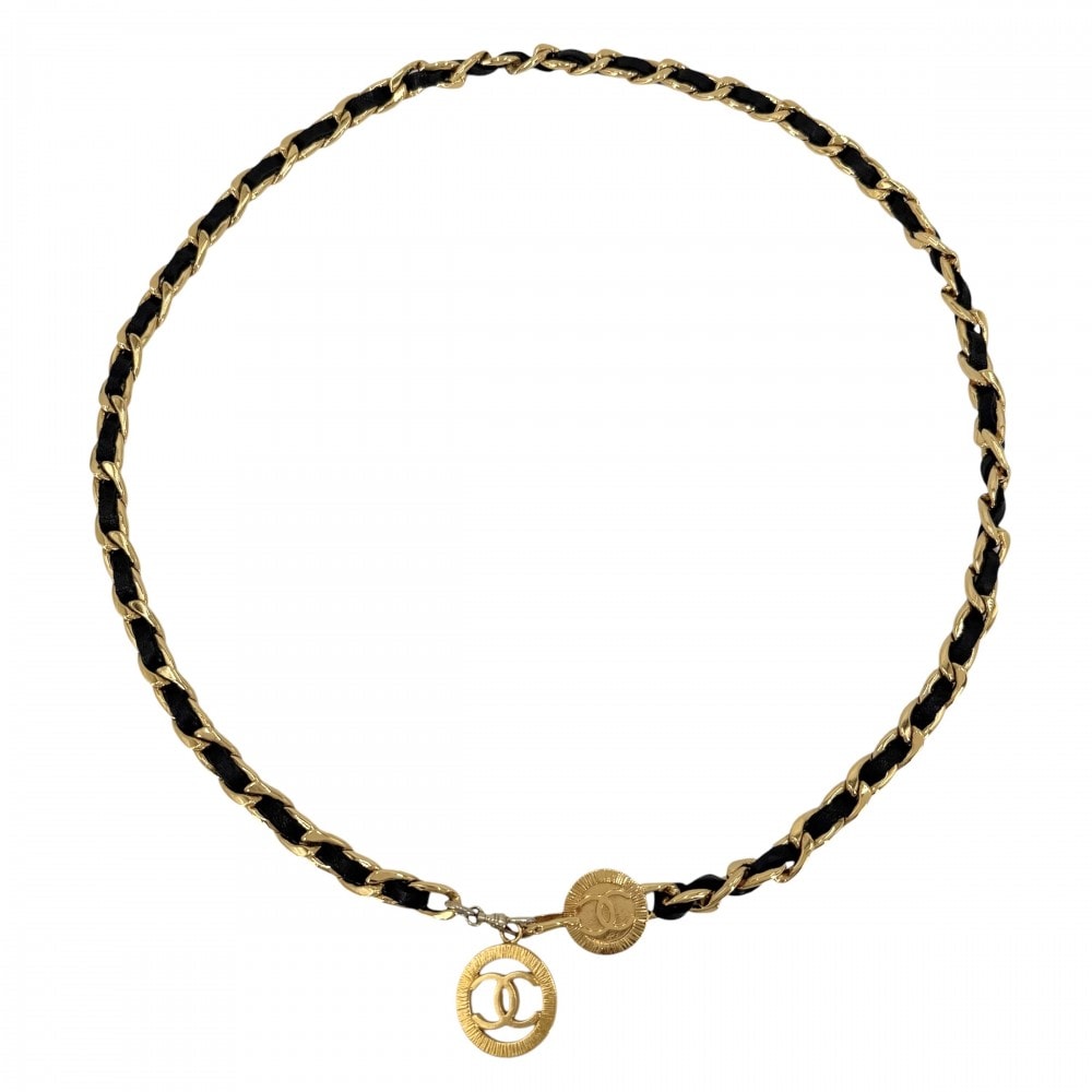 CHANEL シャネル ベルト メダル チェーンベルト ファッションアイテム 小物 ココマーク ヴィンテージ GP  レザー   ゴールド ブラック 黒 レディース【中古品】