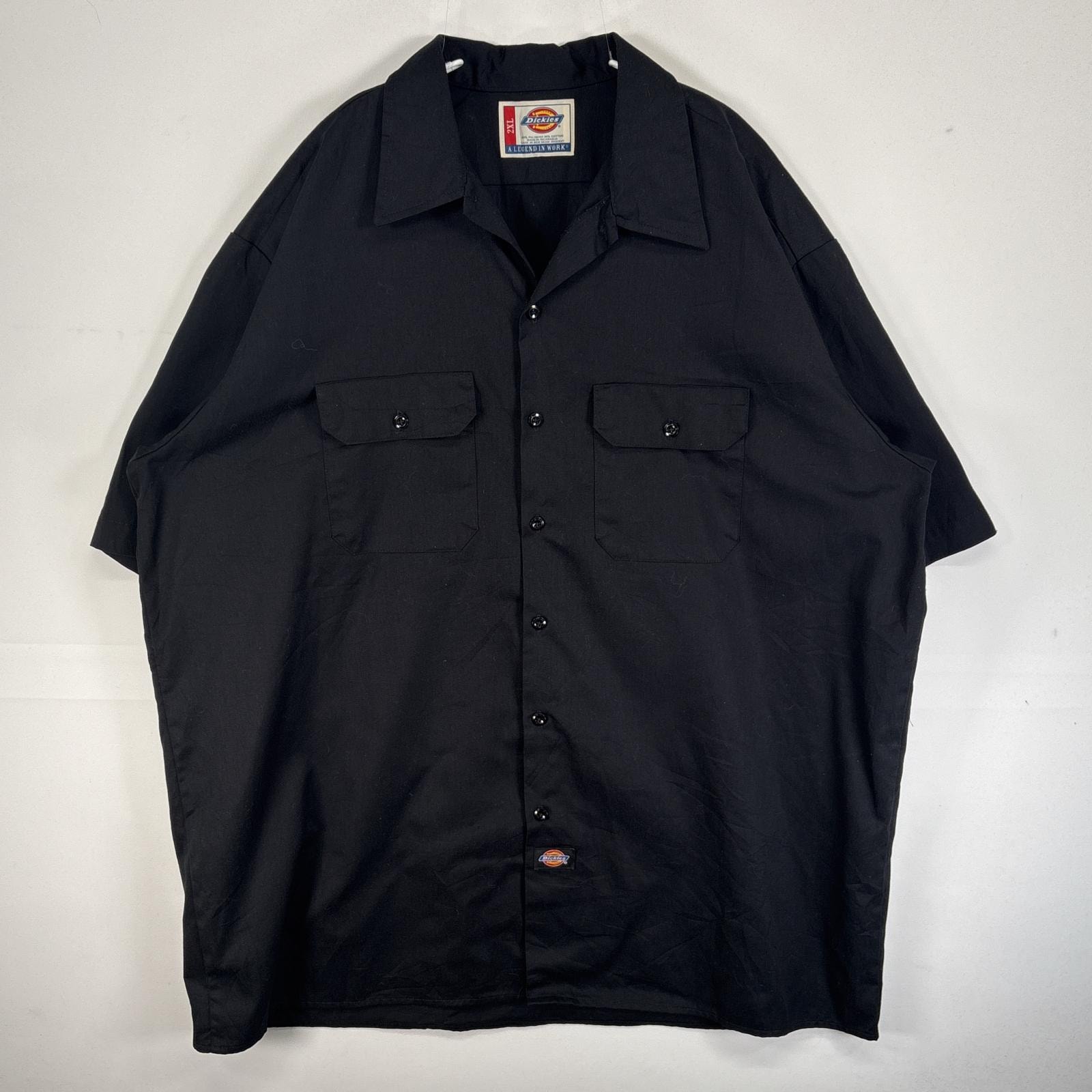 古着 ディッキーズ Dickies 半袖シャツ ワーク 作業着 フラップポケ 大きいサイズ ワンポイント ロゴ 2XL ブラック 無地 メンズ
