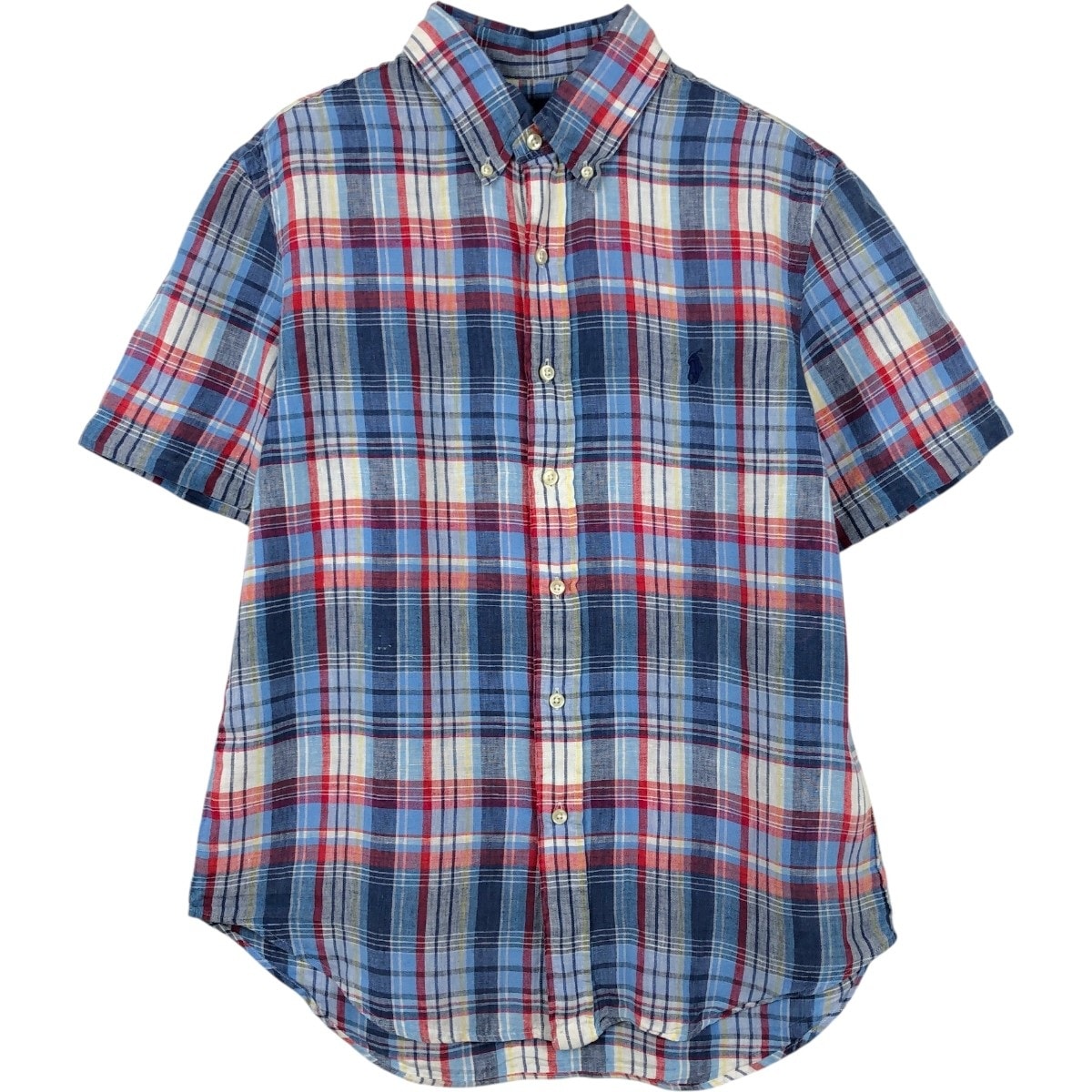 古着 ラルフローレン Ralph Lauren RALPH LAUREN CUSTOM FIT チェック柄 マドラスチェック 半袖 リネン ボタンダウンシャツ メンズM相当/eaa660736