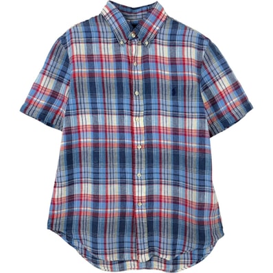 古着 ラルフローレン Ralph Lauren RALPH LAUREN CUSTOM FIT チェック柄 マドラスチェック 半袖 リネン ボタンダウンシャツ メンズM相当/eaa660736