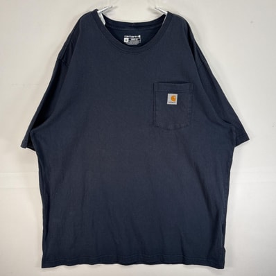 古着 カーハート Carhartt 半袖Tシャツ 大きいサイズ 肉厚 フェード ワンポイント ロゴ 胸ポケ XL ネイビー 無地 メンズ