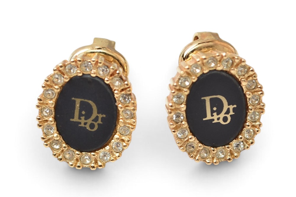 クリスチャンディオール イヤリング Christian Dior ヴィンテージ サークルモチーフ/ラインストーン ブラック/ゴールド【中古】