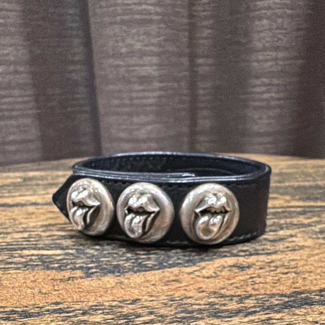 Chrome Hearts 3 Button 2 Snap Rolling Stones Lip & Tan Leather Bracelet "Black"