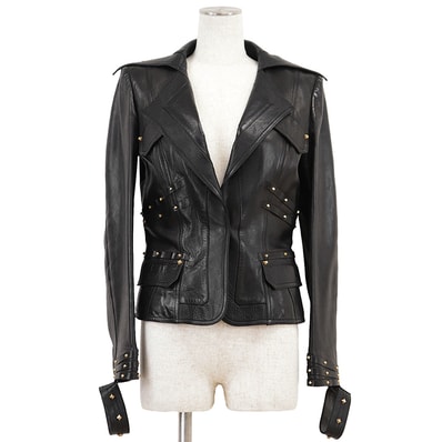 GUCCI グッチ ジャケット レザー サイズ 40 レディース スタッズ バイカー モーターサイクル ラムスキン/キュプラ アウター ブラック 黒 イタリア製