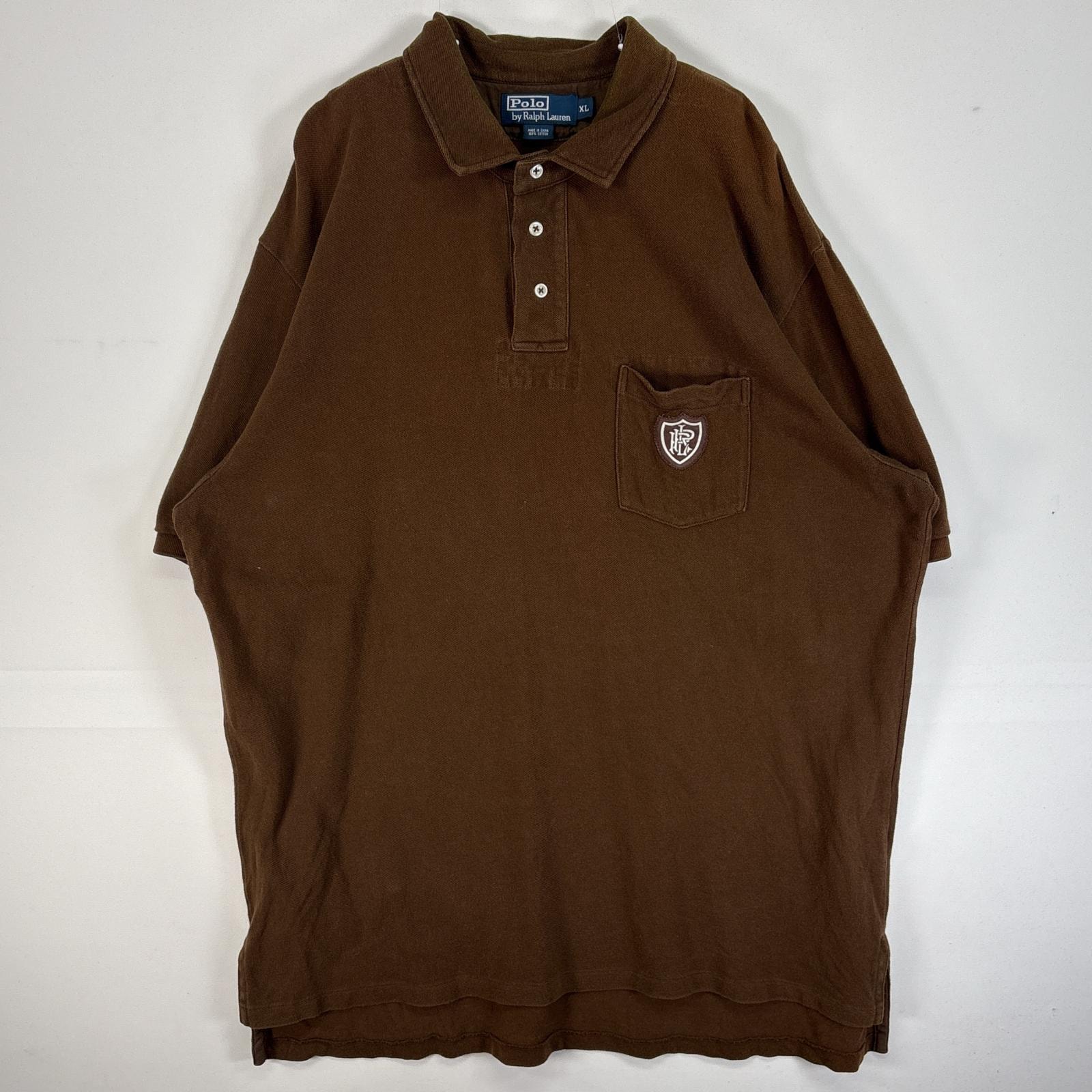 古着 90's/90年代 ポロバイラルフローレン Polo by Ralph Lauren 鹿の子 半袖 ポロシャツ 大きいサイズ 肉厚 胸ポケ ワッペン ロゴ XL  ブラウン 無地 メンズ