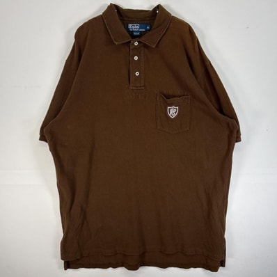 古着 90's/90年代 ポロバイラルフローレン Polo by Ralph Lauren 鹿の子 半袖 ポロシャツ 大きいサイズ 肉厚 胸ポケ ワッペン ロゴ XL ブラウン 無地 メンズ