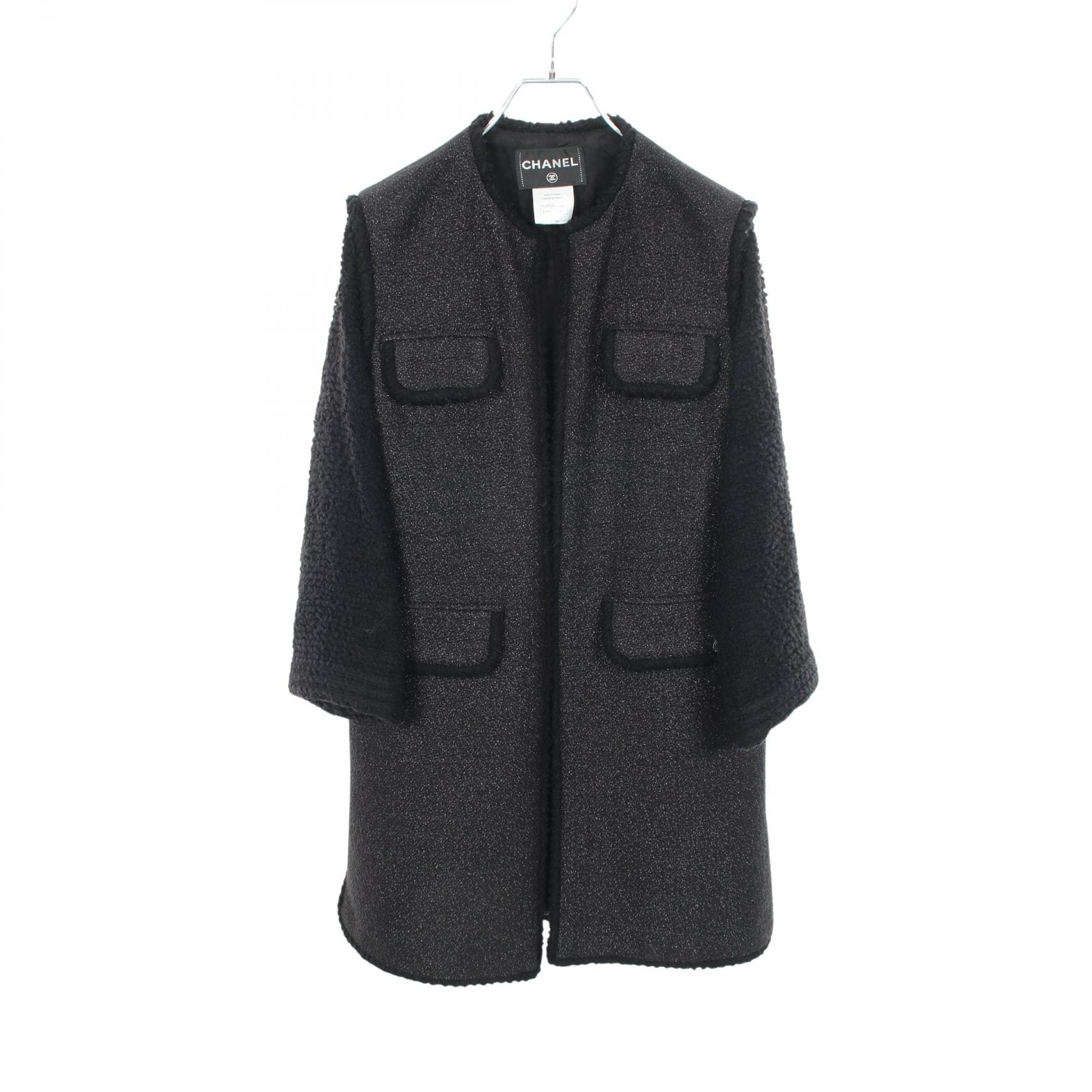 シャネル CHANEL ココマークボタン 切替 ツイード ノーカラー 衣料品 アウター ナイロン アクリル レディース ブラック系 P44723W05198 【中古】