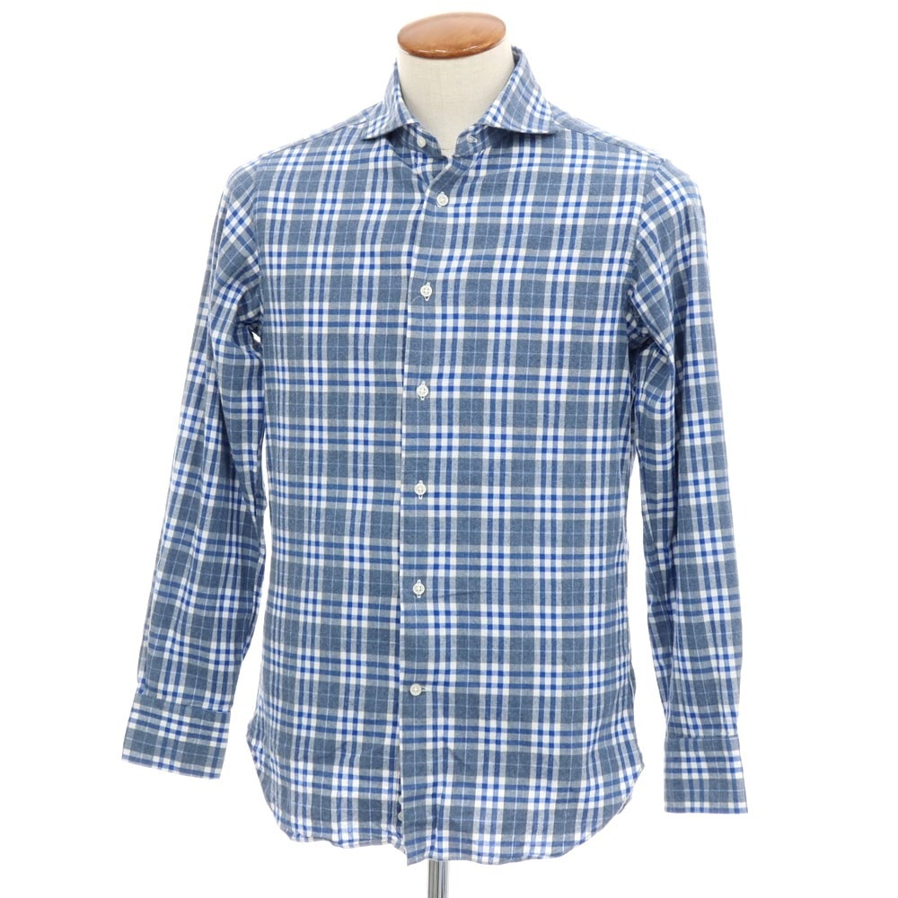 【中古】ビームスエフ BEAMS F コットン チェック ホリゾンタルカラー カジュアルシャツ ネイビーxブルー【サイズM】【メンズ】