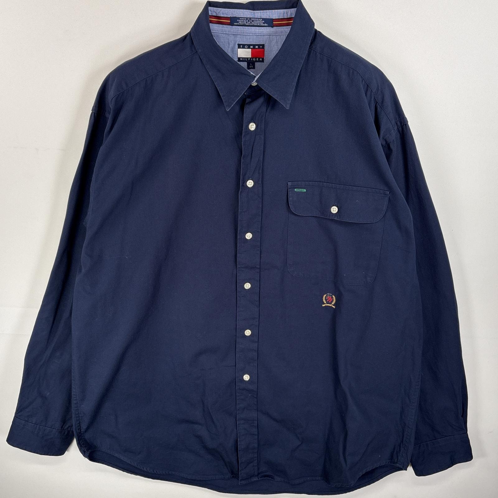古着 90's/90年代 トミーヒルフィガー TOMMY HILFIGER 長袖シャツ フラップポケ ワンポイント ロゴ 刺繍 L ネイビー 無地 メンズ