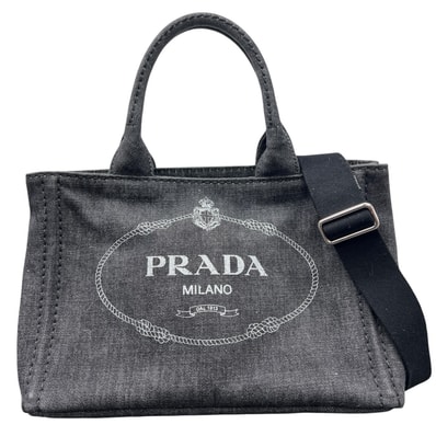 PRADA 極美品 プラダ カナパ トート ミニ デニム 2way トートバッグ ショルダーバッグ 1BG439 ブラック グレー ロゴ CANAPA DENIM ハンドバッグ クロスボディ ユニセックス Aランク 鑑定済 中古 プラダバッグ