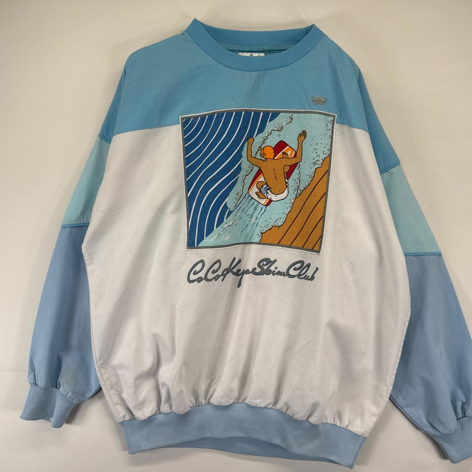 古着 80's/80年代 アディダス adidas 長袖Tシャツ サーフィン サーフ クルーネック バックフルジップ ヴィンテージ  水色系 メンズ