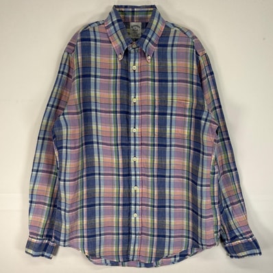 古着 ブルックスブラザーズ Brooks Brothers 長袖シャツ IRISH LINEN チェック 胸ポケ M ブルー系 マルチカラー メンズ