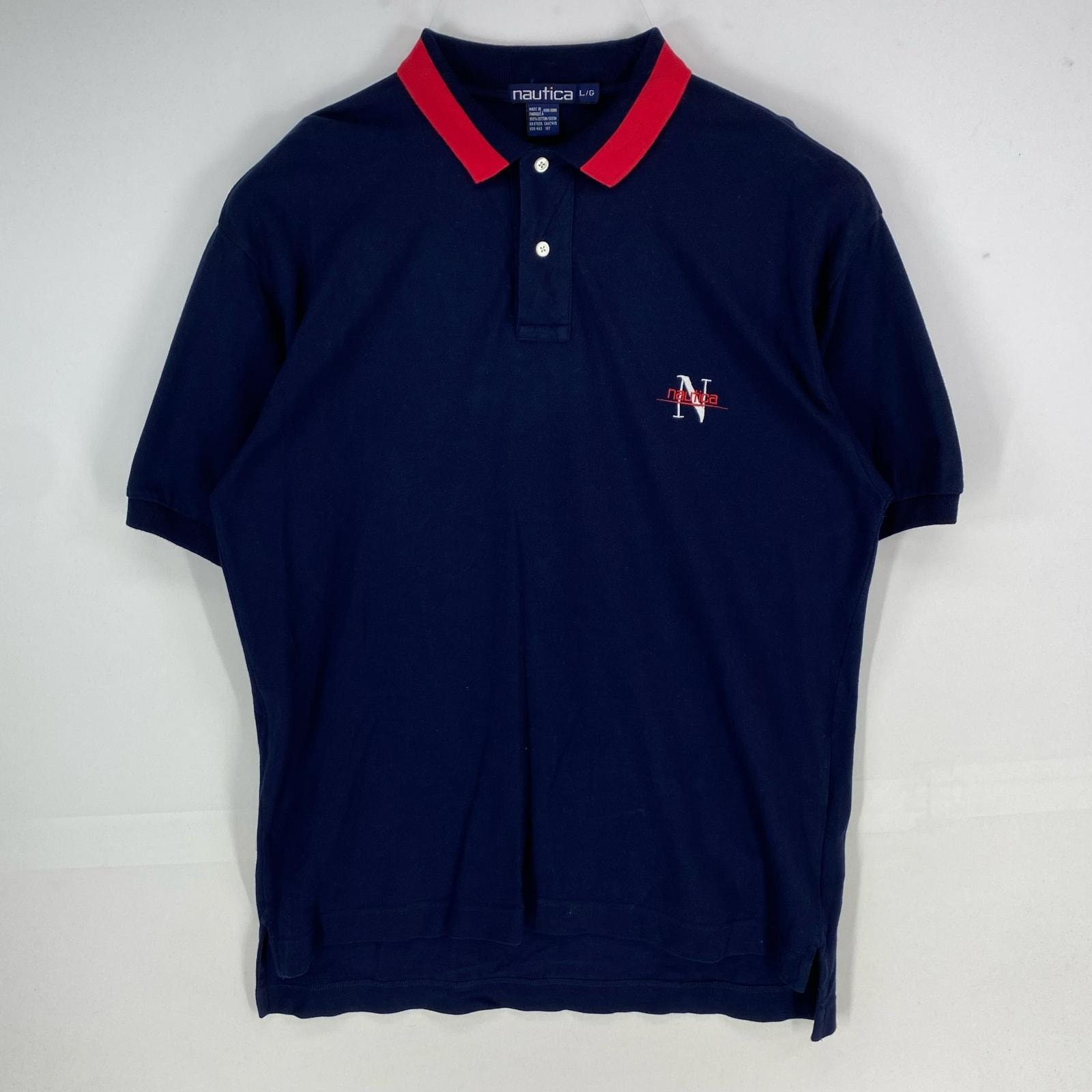 古着 90's/90年代 ノーティカ NAUTICA 鹿の子 半袖シャツ ワンポイント 刺繍 ロゴ ポロシャツ L ネイビー系 メンズ