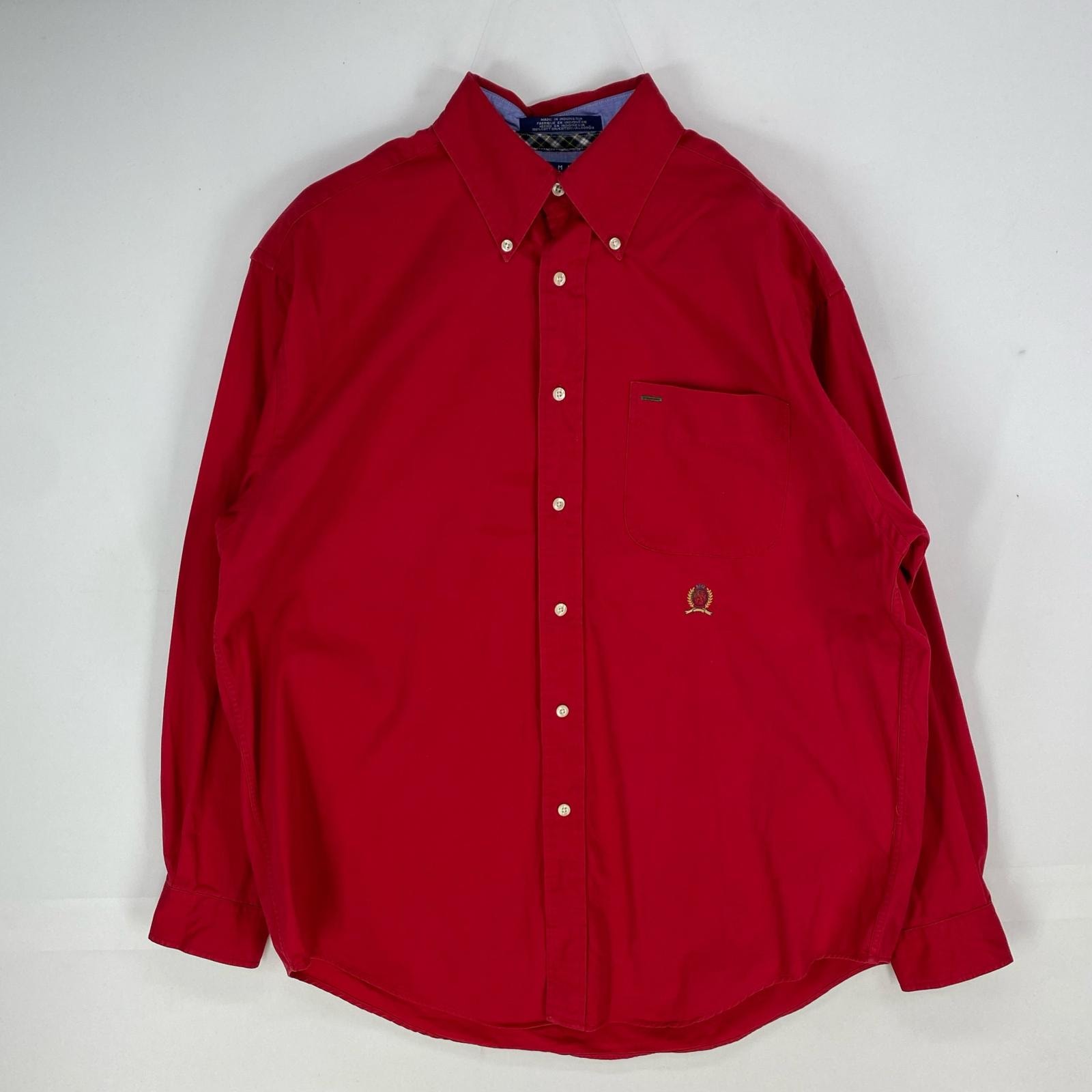 古着 90's/90年代 トミーヒルフィガー TOMMY HILFIGER 長袖シャツ ボタンダウン ポケット 刺繍ロゴ ロングスリーブ M レッド系 メンズ