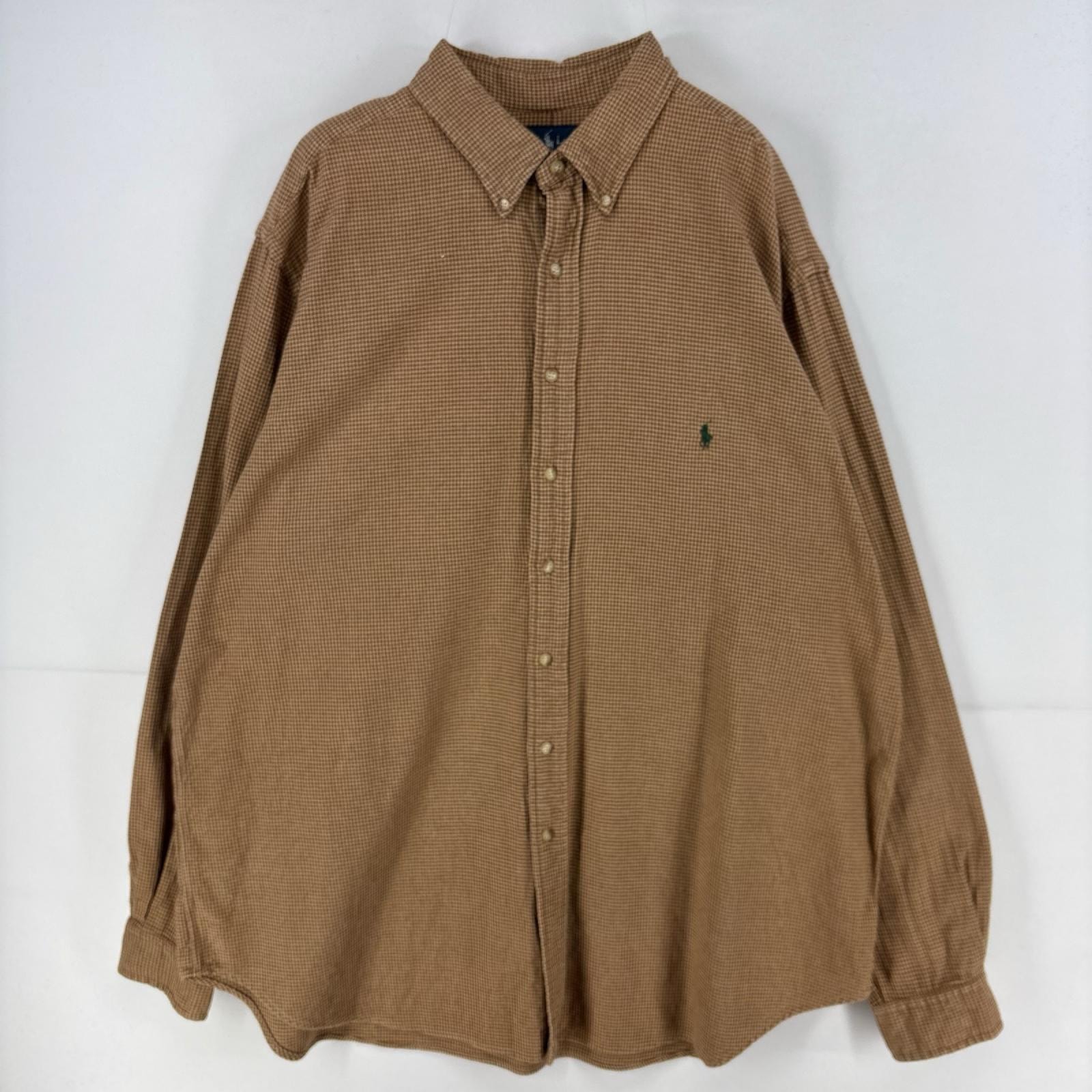 古着 ラルフローレン RALPH LAUREN 長袖シャツ ネルシャツ 千鳥格子 ワンポイント チェック 刺繍 大きいサイズ 2XL  ブラウン系 メンズ