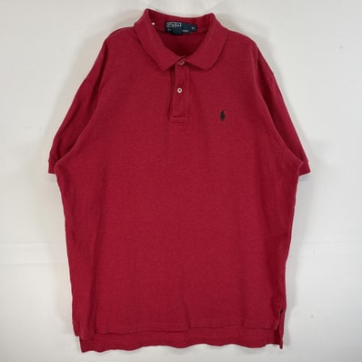 古着 90's/90年代 ポロバイラルフローレン Polo by Ralph Lauren 鹿の子 半袖 ポロシャツ ロゴ 刺繍 大きいサイズ 2ボタン XL レッド 無地 メンズ